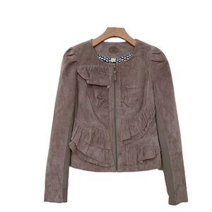 Anthropologie Idra Suede Leather Jacket Womens Medium Brown Full Zip Ruffles